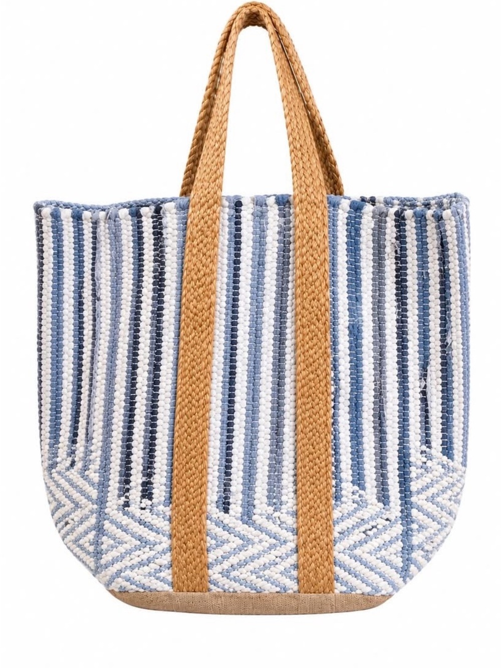 Pol Woven Jute Blue Stripe Tote Bag with Tan Handles